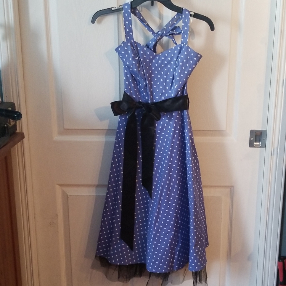 Blue polka dot fit and flare dress